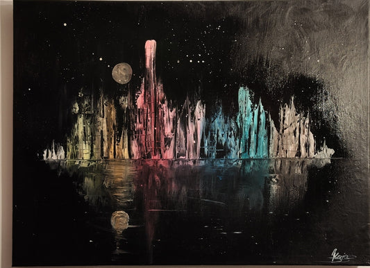 Moonlit Mirage – Original Acrylic Cityscape Moonlight Painting