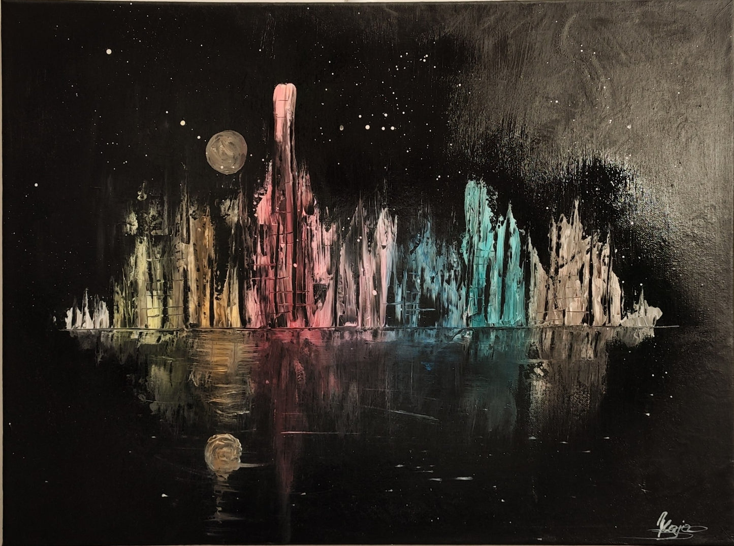 Moonlit Mirage – Original Acrylic Cityscape Moonlight Painting