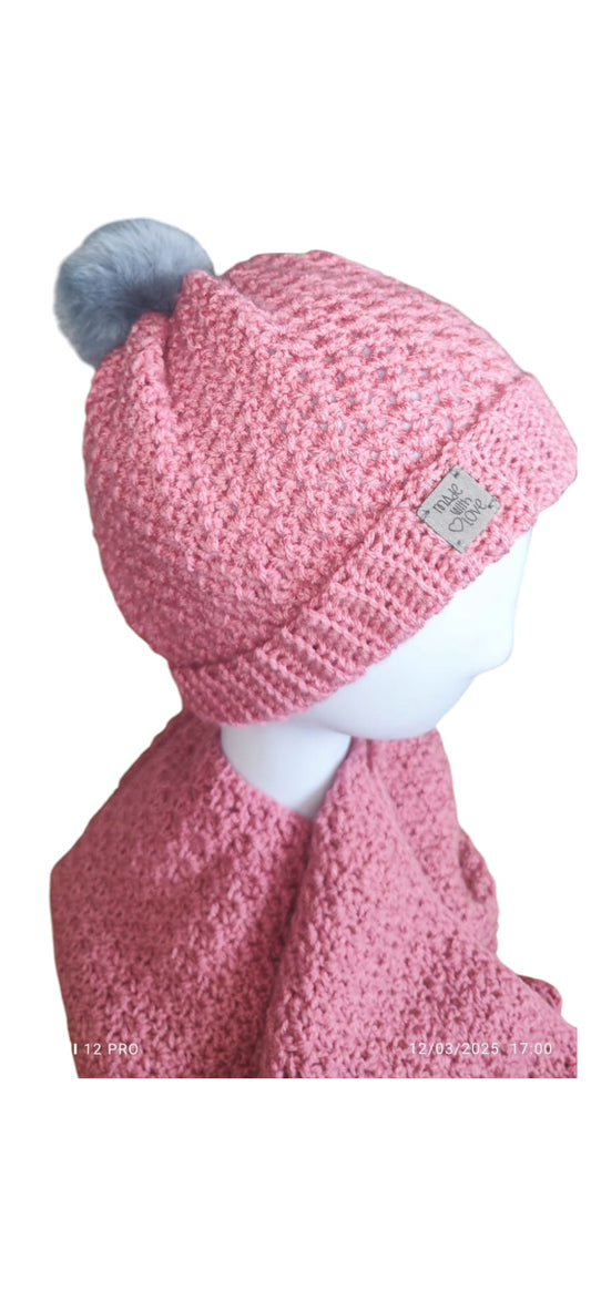Flat lay of the Blush Rose crochet beanie and matching scarf showing cozy texture and handcrafted finish.