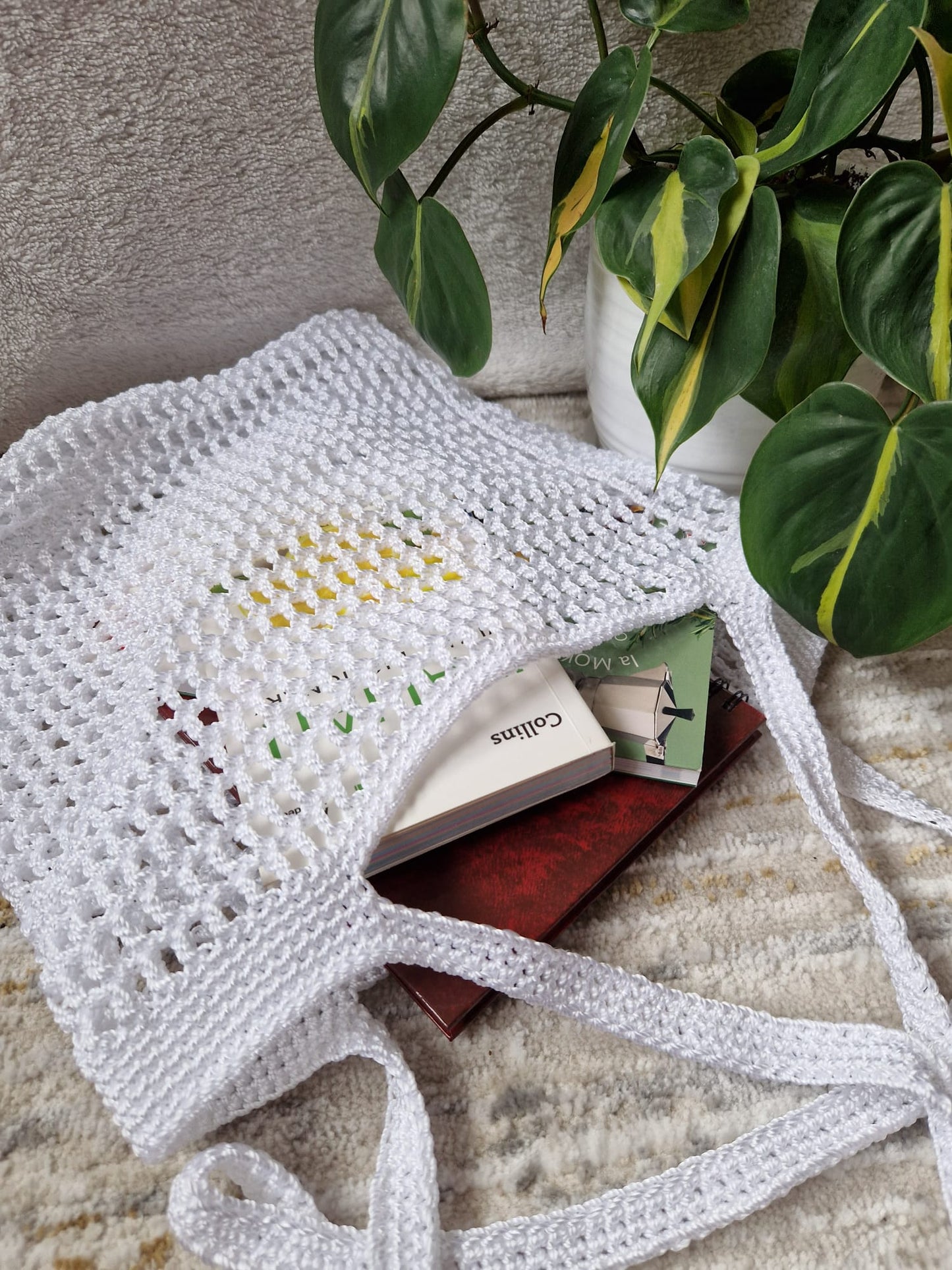 White Breezy Market Crochet Tote Bag with breathable open-weave texture and dual shoulder straps.