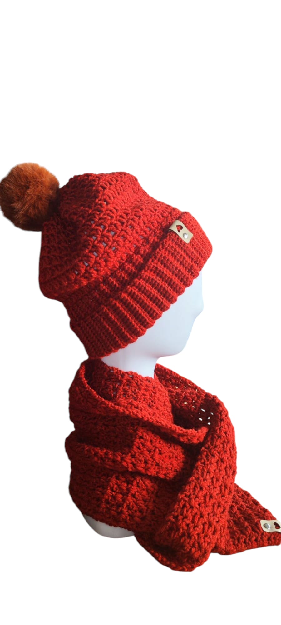 The Brick Comfort handmade set displayed separately to highlight individual design of the slouchy beanie and infinity scarf.