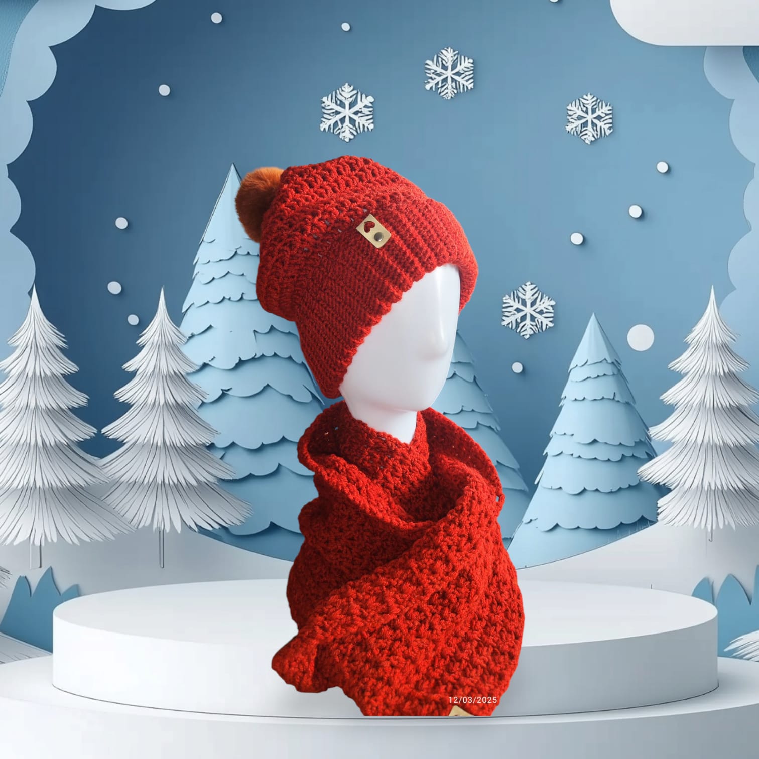 Brick Comfort Slouchy Beanie & Infinity Scarf Set in bold red, styled on a mannequin, featuring chunky crochet texture and faux fur pom-pom.