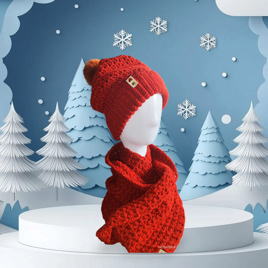 Brick Comfort Slouchy Beanie & Infinity Scarf Set in bold red, styled on a mannequin, featuring chunky crochet texture and faux fur pom-pom.