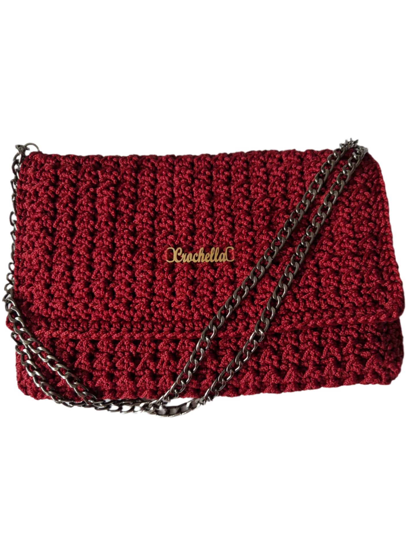 Front view of the Crimson Luxe handmade crochet clutch with elegant fold-over flap and black chain strap