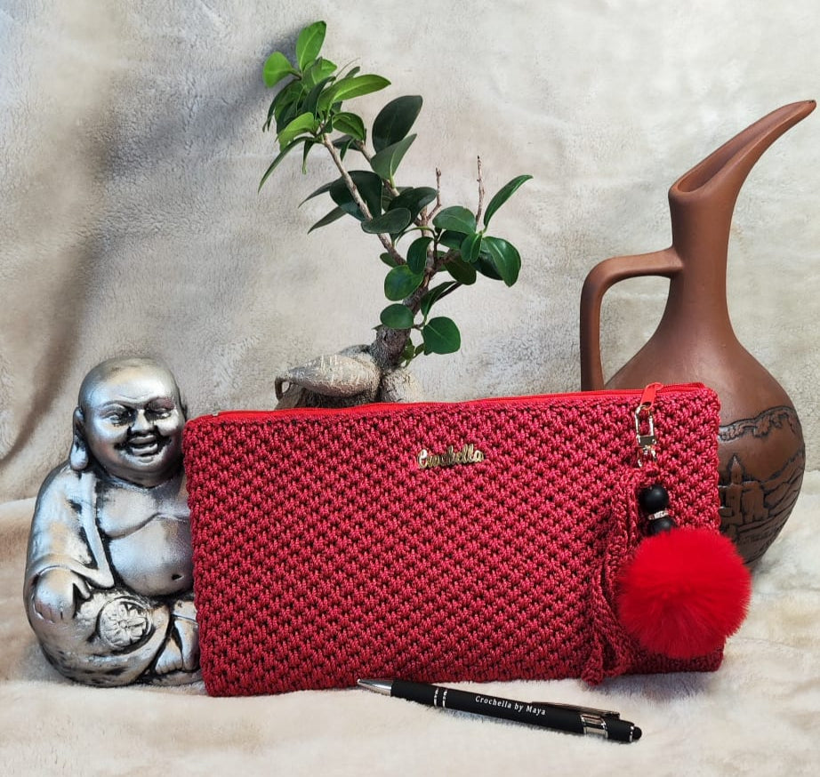 Deep red Crochella Luxe Clutch with a bold, luxurious presence