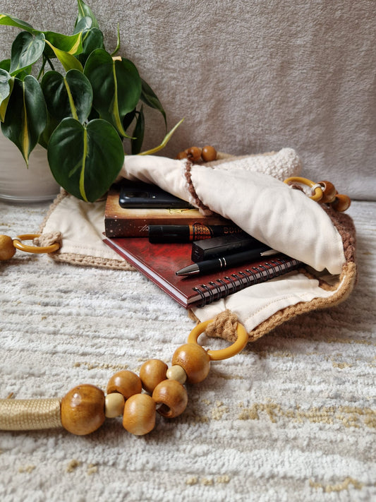 Full view of the Earthy Boho Shoulder Bag featuring natural crochet textures and eye-catching wooden bead strap details.