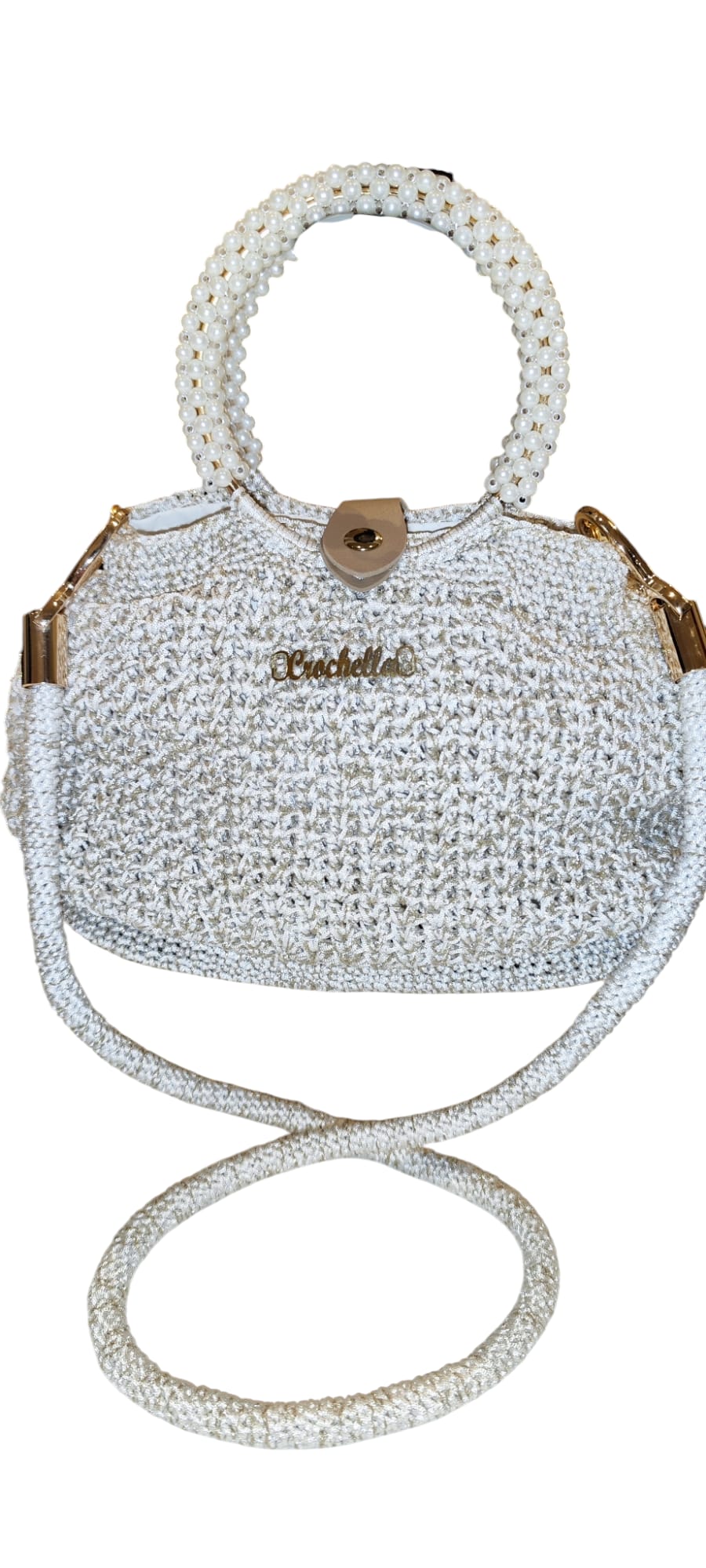 Pearl Luxe Bridal Crochet Bag with shimmering yarn, pearl beaded handles, and a gold Crochella logo, perfect for weddings or special occasions.
