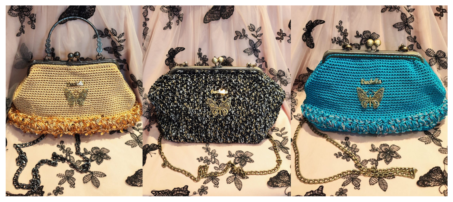 The full Royal Bloom Collection: three elegant crochet handbags in gold, black, and teal, each adorned with a gold butterfly emblem and vintage clasp.
