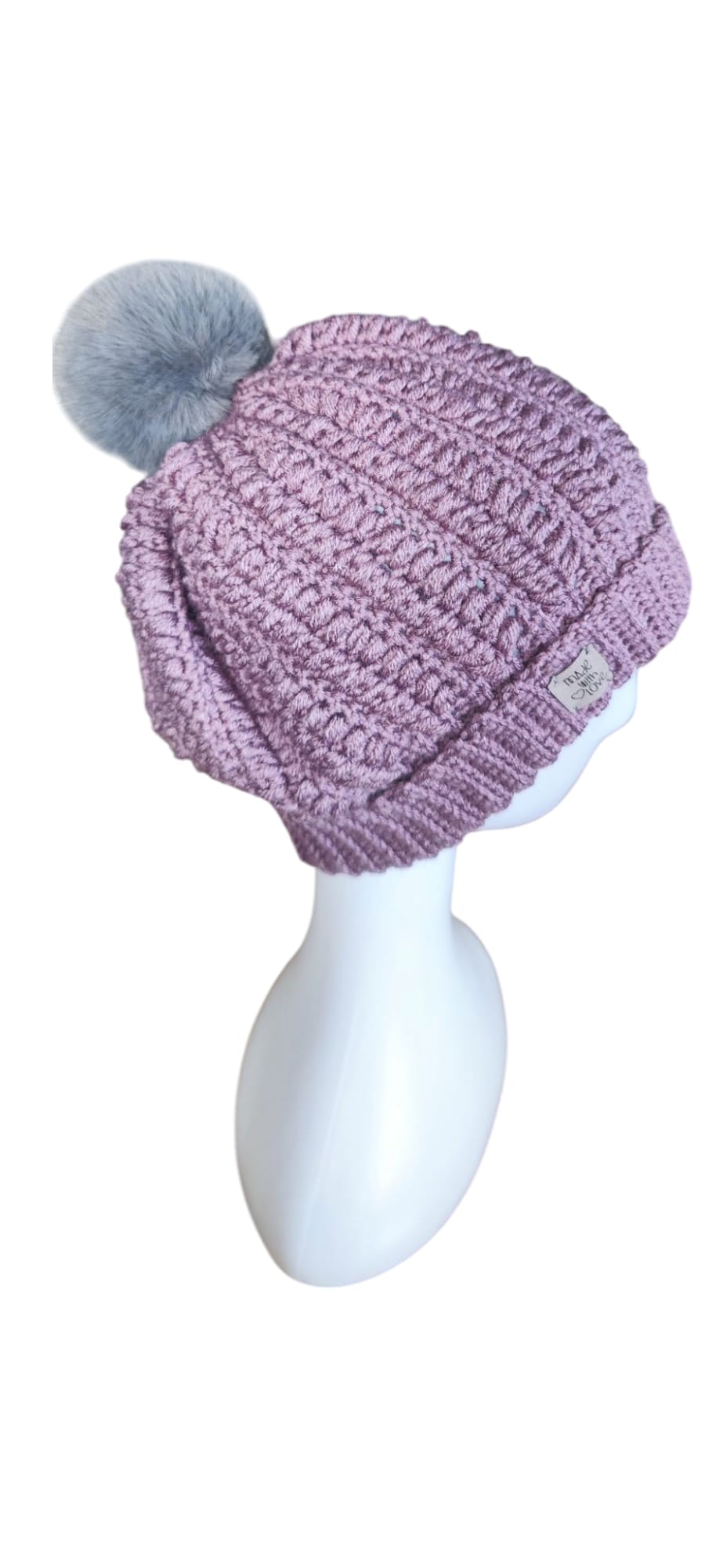Side angle of the Soft Lavender Beanie showcasing the soft stretch and slouchy winter design.