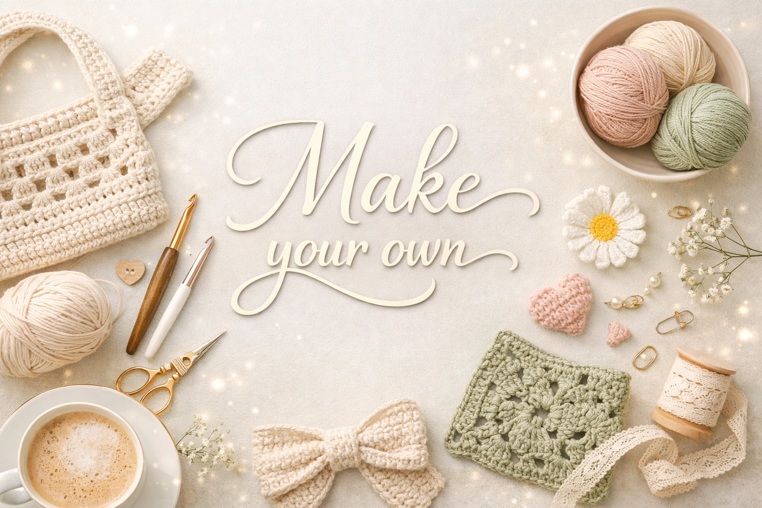 Beginner crochet patterns with yarn, hooks and handmade details, featuring ‘Make your own’ text
