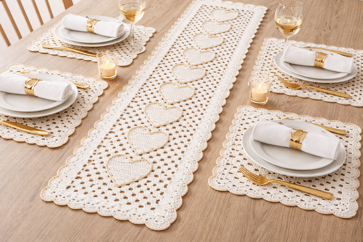 Handmade Crochet Heart Table Runner & Placemat Set | Luxury Dining Table Decor