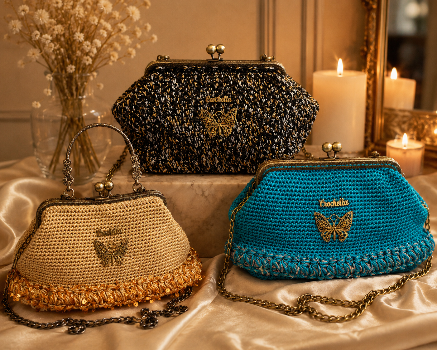Three handbags with butterfly designs on a satin surface with candles and flowers in the background.