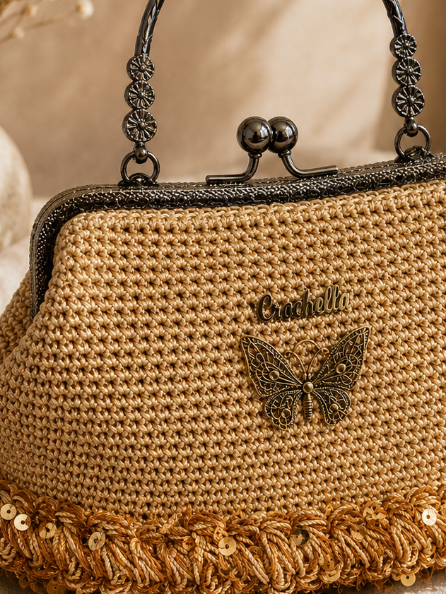 Woven handbag with butterfly design and 'Cantoni' branding on a soft surface.