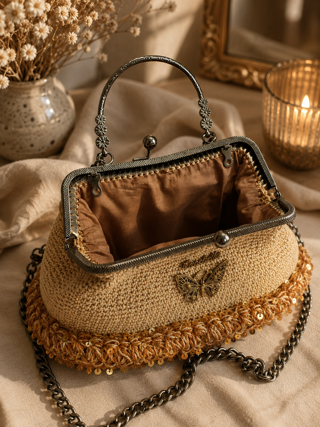 Vintage-style handbag with decorative chain on a soft surface
