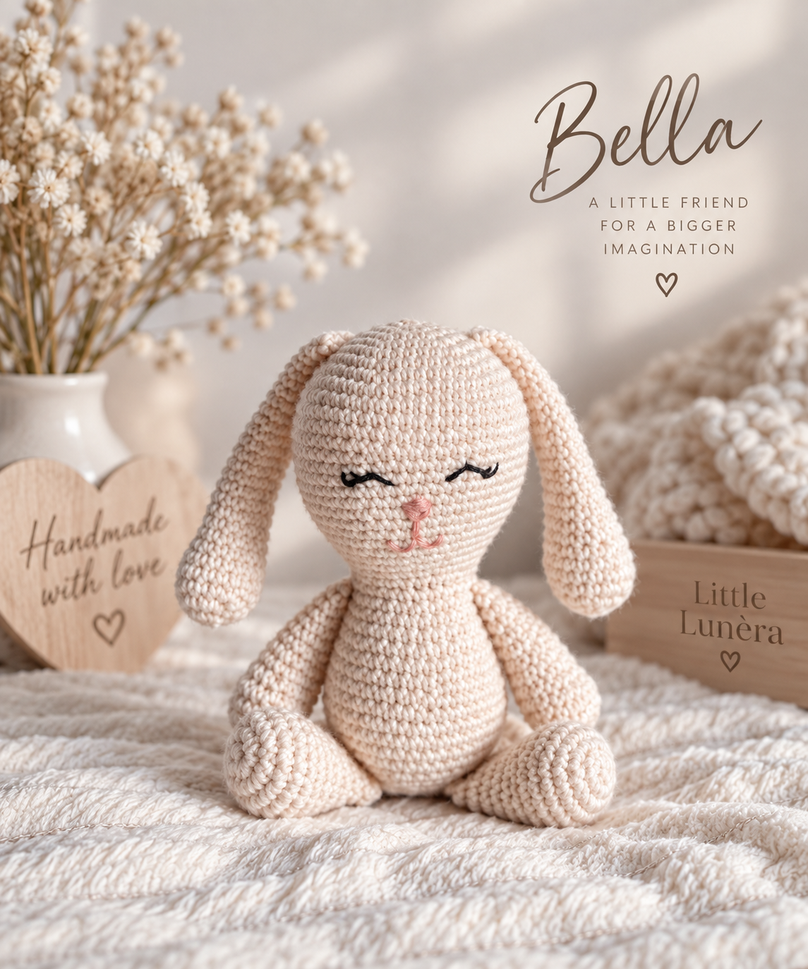 A crocheted bunny doll named Bella sits on a soft cream knit blanket, with dried flowers, a wooden heart sign reading 'Handmade with love,' and a box labeled 'Little Lunéra' in the background. Text on the right reads 'Bella A LITTLE FRIEND FOR A BIGGER IMAGINATION'.