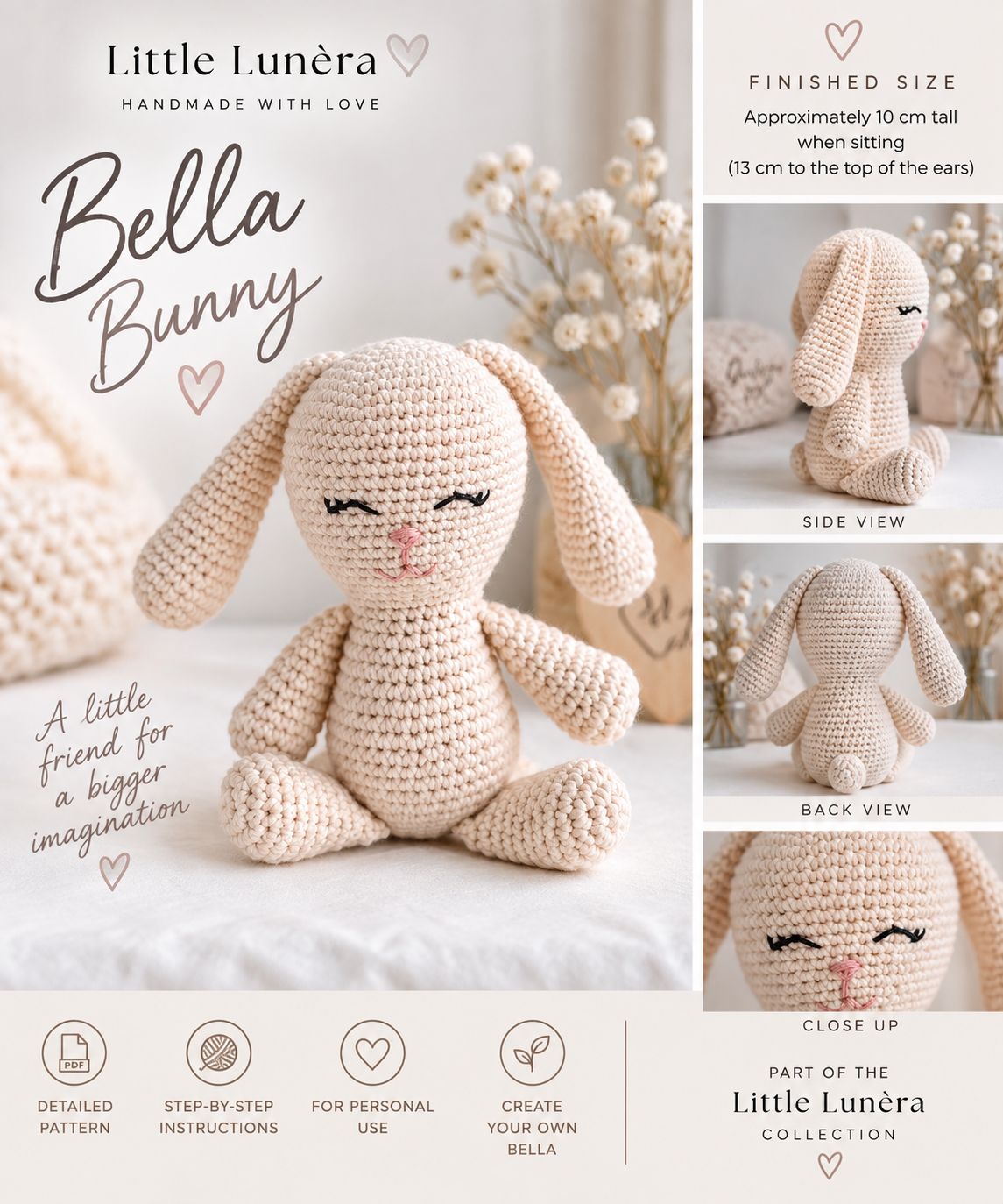 Promotional graphic for the Little Lunéra Bella Bunny crochet pattern, featuring a large crocheted bunny plush in the center with smaller side, back, and close-up views on the right. Text highlights the handmade nature of the product, finished size, and collection branding.