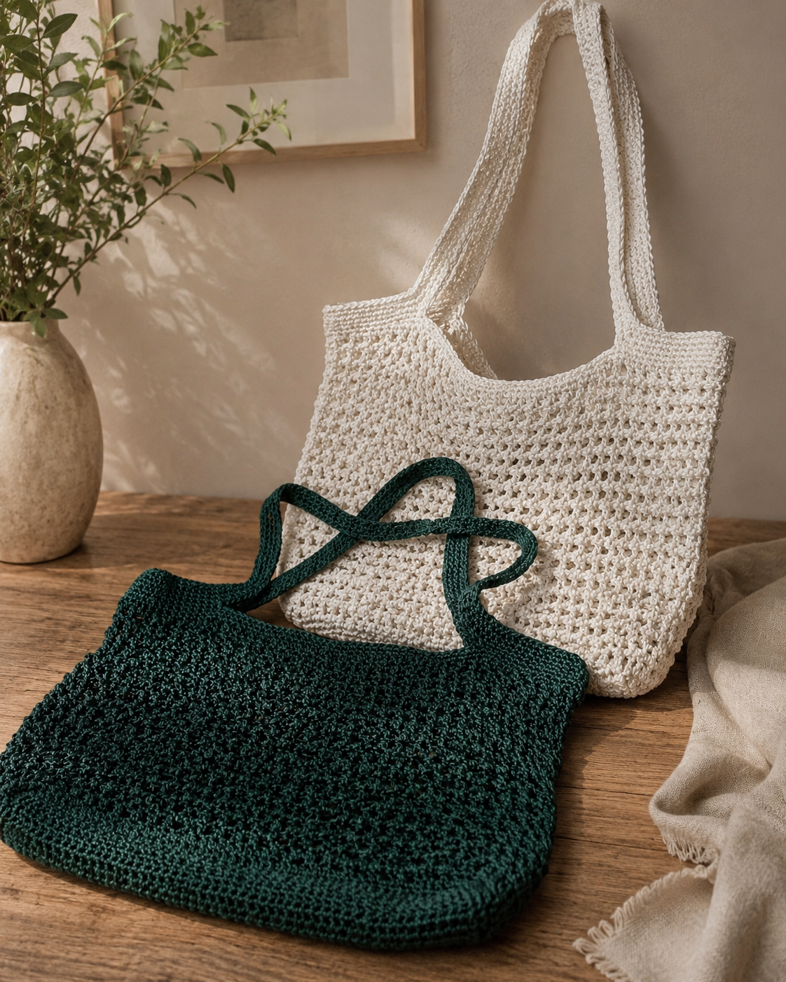 Two crocheted bags, one green and one white, on a wooden surface with a neutral background.