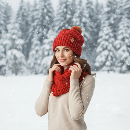 Brick Comfort Slouchy Beanie & Infinity Scarf Set in bold red, styled on a mannequin, featuring chunky crochet texture and faux fur pom-pom.