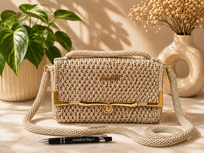 Beige woven handbag with gold accents on a wooden surface with decorative elements.