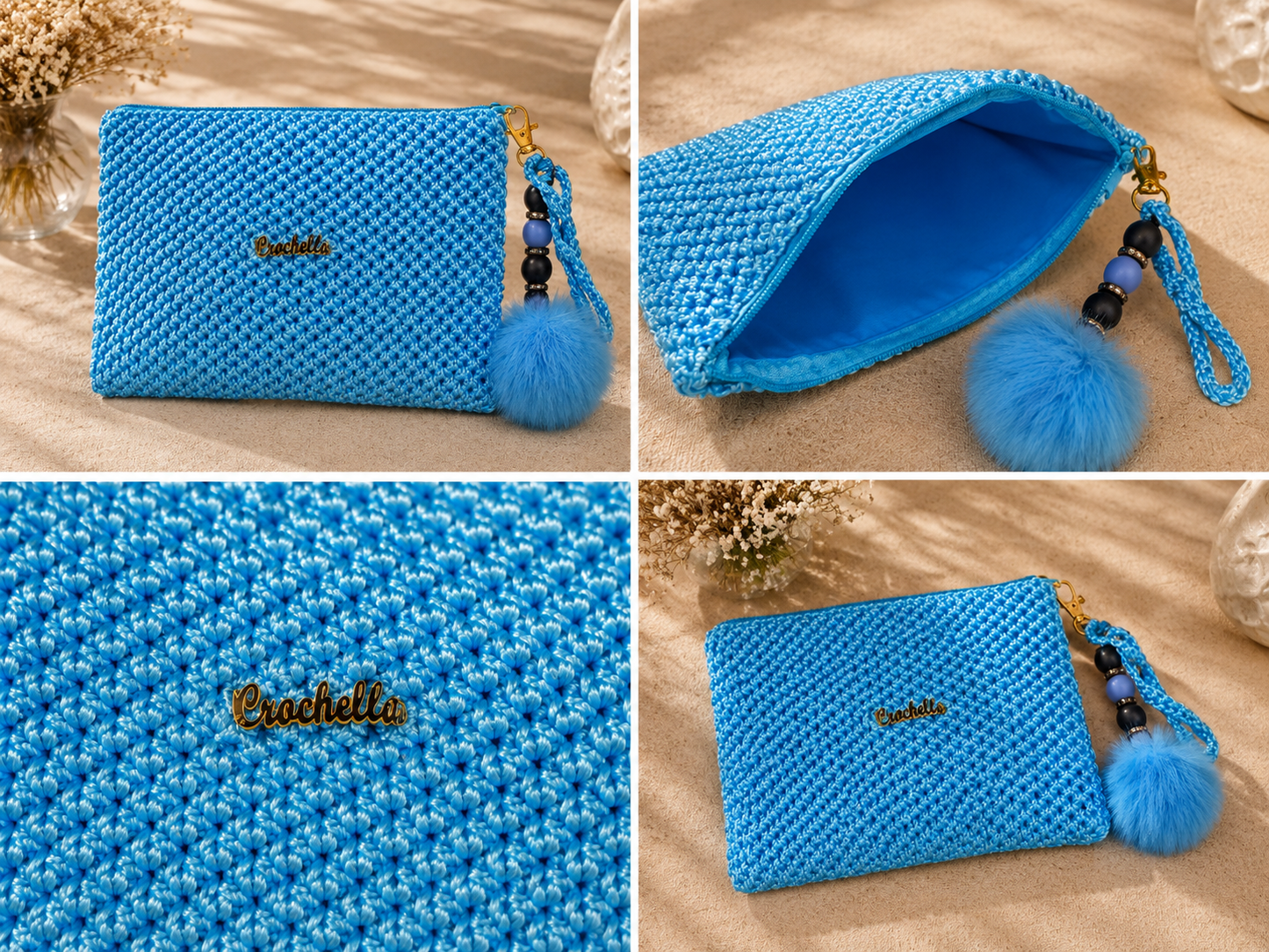 Blue textured pouch with pom-pom details on a beige surface