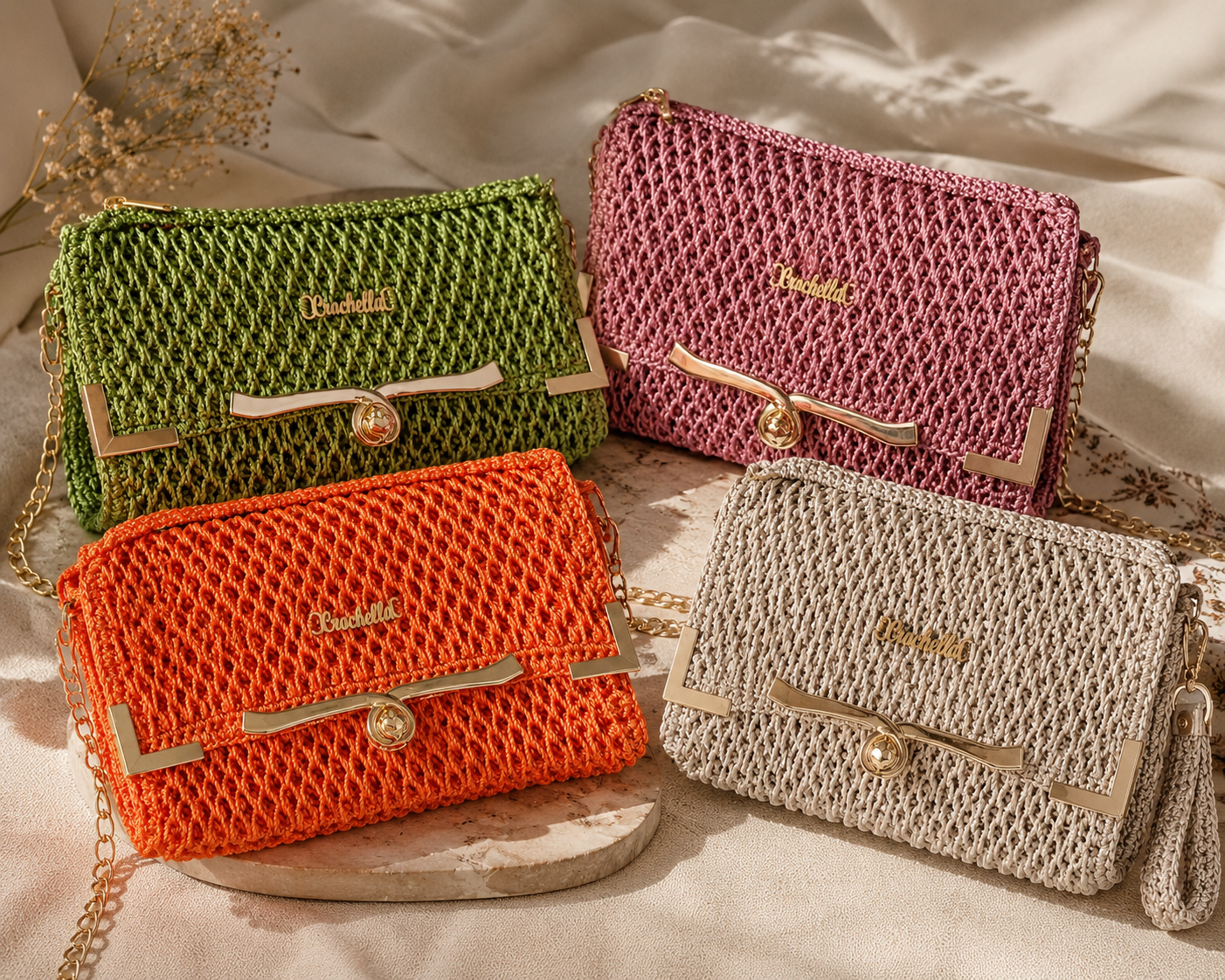 Four woven handbags in green, pink, orange, and beige on a soft fabric background.