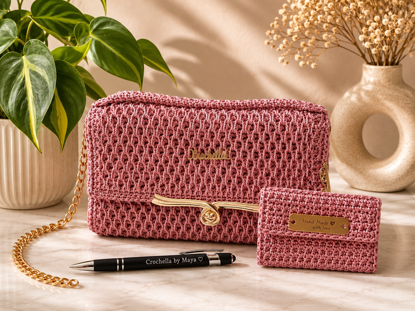 Pink crochet handbag with matching pouch on a light surface with decorative elements.