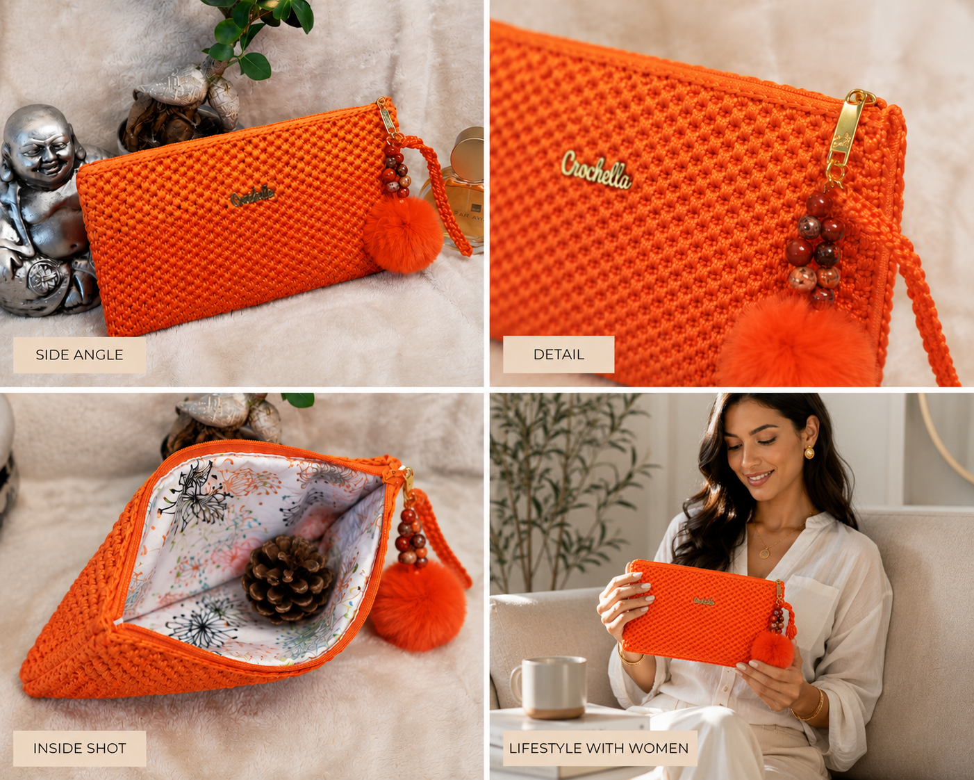 Handmade orange crochet pouch with beaded charm and soft luxury styling