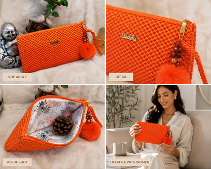 Handmade orange crochet pouch with beaded charm and soft luxury styling