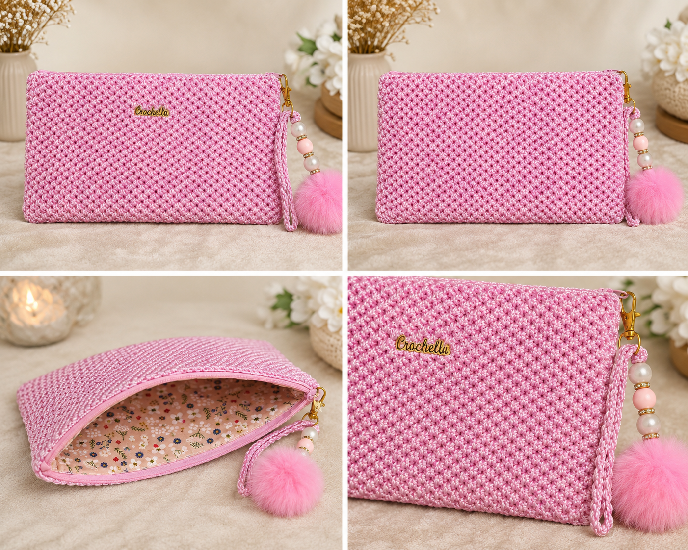 Pink woven clutch bag with pom-poms and visible brand name on a neutral background.