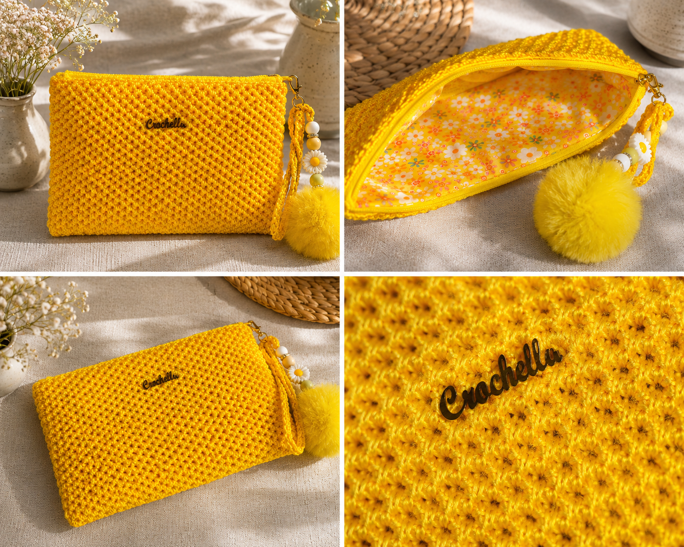 Handmade yellow crochet pouch with luxury boho details styled in a warm Mediterranean setting