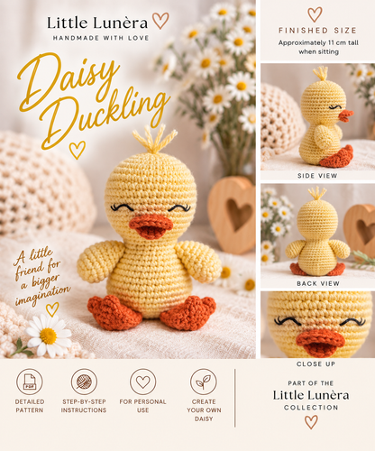 Promotional graphic for the crocheted doll 'Daisy Duckling' by Little Lunéra, showing a large front view of the yellow crocheted duck with orange feet and a smaller set of side, back, and close-up views on the right. The layout includes text about finished size, detailed pattern, step-by-step instructions, and creation of your own Daisy.