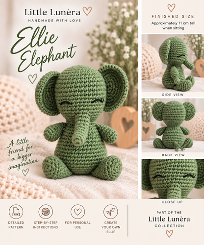 Promotional graphic for the Little Lunéra Ellie Elephant crochet pattern, showing a handmade olive green crocheted elephant in the center with side, back, and close-up views on the right, plus text describing finished size and included pattern details.