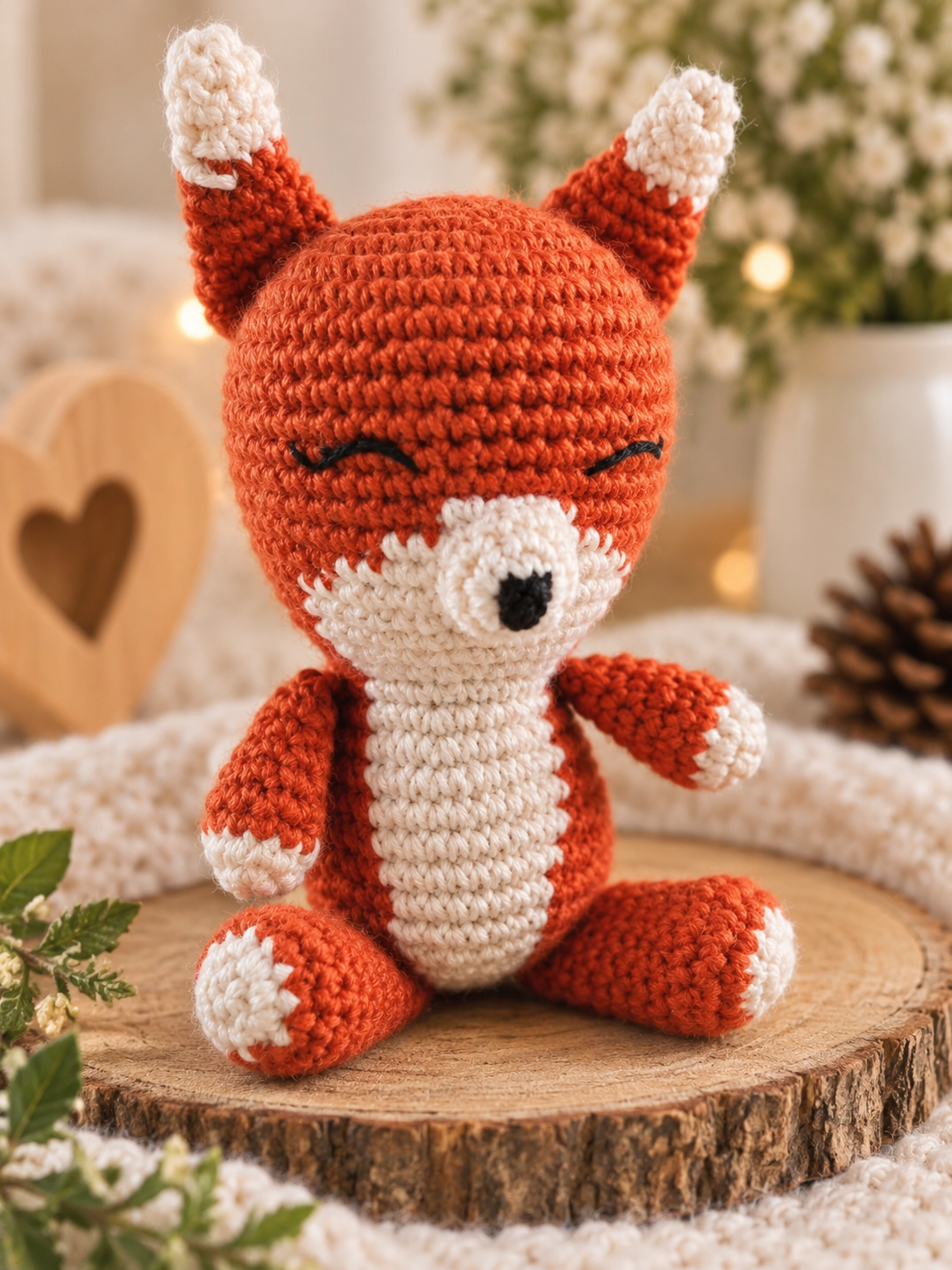 A crocheted fox plush toy with closed embroidered eyes, sitting on a rustic wood slice. The plush has an orange-brown body with cream-white accents on its face, paws, and ears.