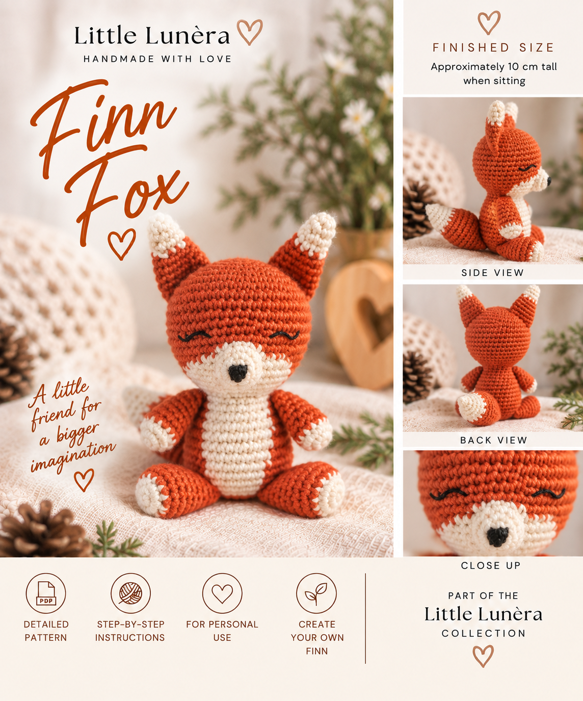 Promotional collage for a crocheted amigurumi fox toy titled 'Finn Fox' by Little Lunéra. The main panel shows the finished fox centered on a soft beige surface with decorative pinecones and foliage in the background.