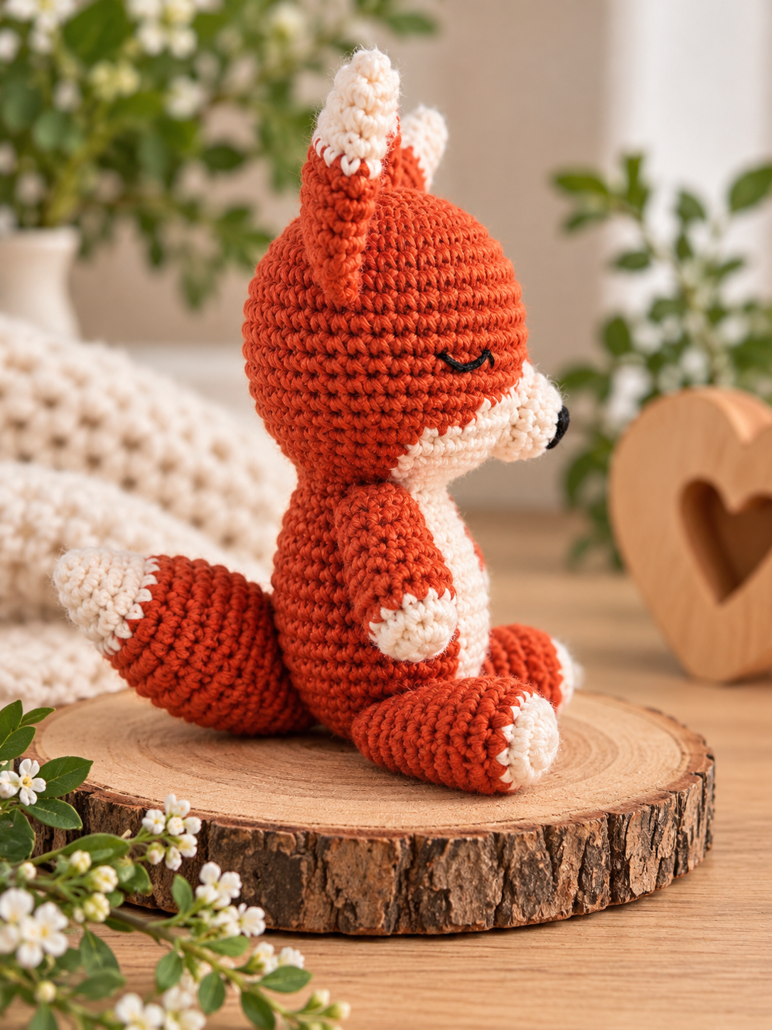 A crocheted fox toy in rust orange and cream sits on a round wood slice, with soft floral decor and a wooden heart in the background.