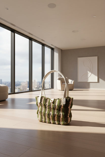  Front view of the Forest Waves handmade crochet bag with white strap accents and textured striped wave design.