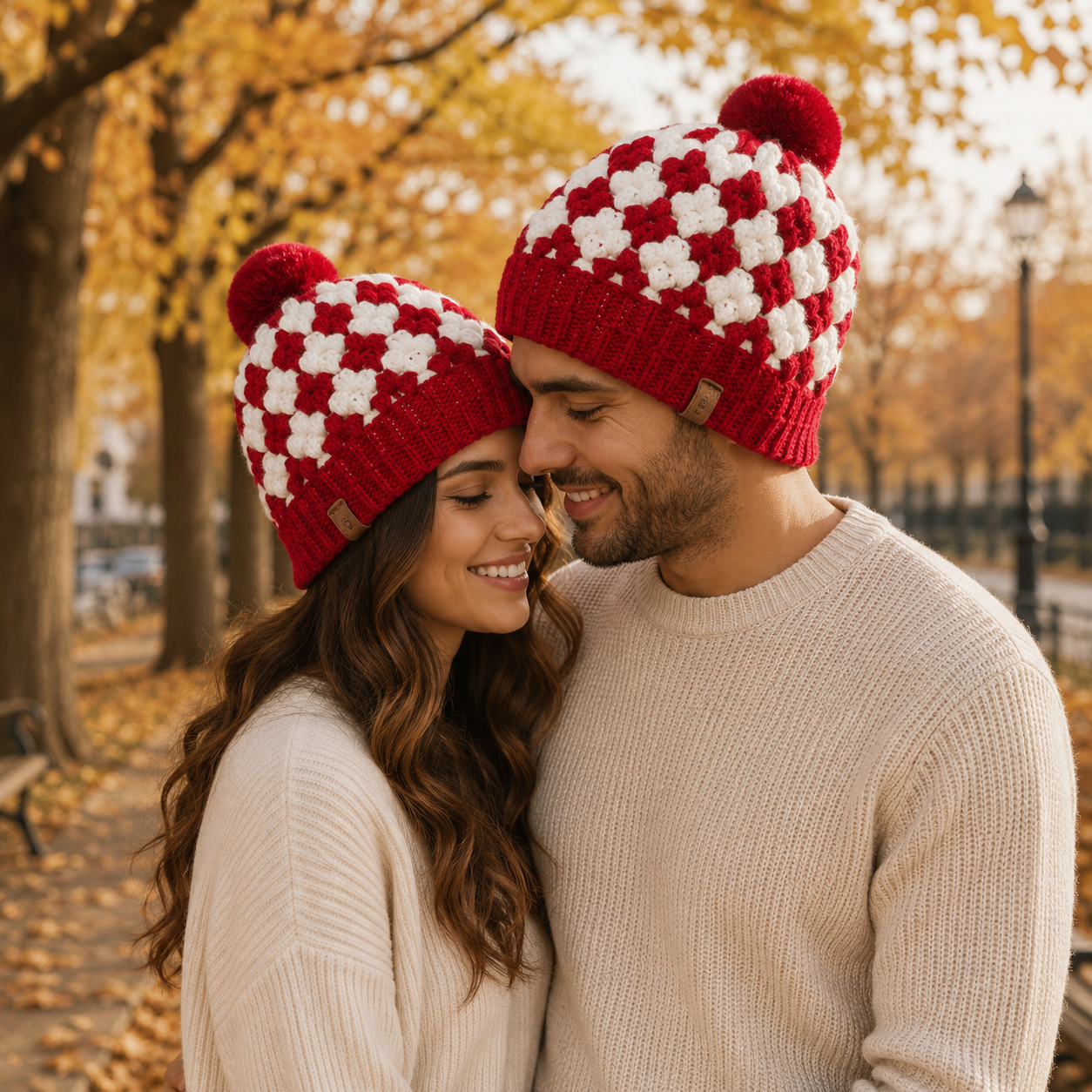 Handmade red and white crochet beanie styled on a mannequin, featuring classic granny square pattern and fluffy pom-pom.