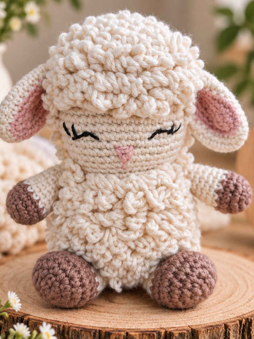 A crocheted plush lamb toy sits centered on a round wood slice. The lamb is made from cream-colored yarn with pink inner ears, a small pink nose, black stitched closed eyes, and brown hooves and paw pads.
