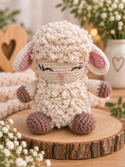 A crocheted lamb plush toy with a textured cream wool-like body, pink inner ears, and brown hooves, sitting on a rustic wood slice with soft floral and boho decor in the background.