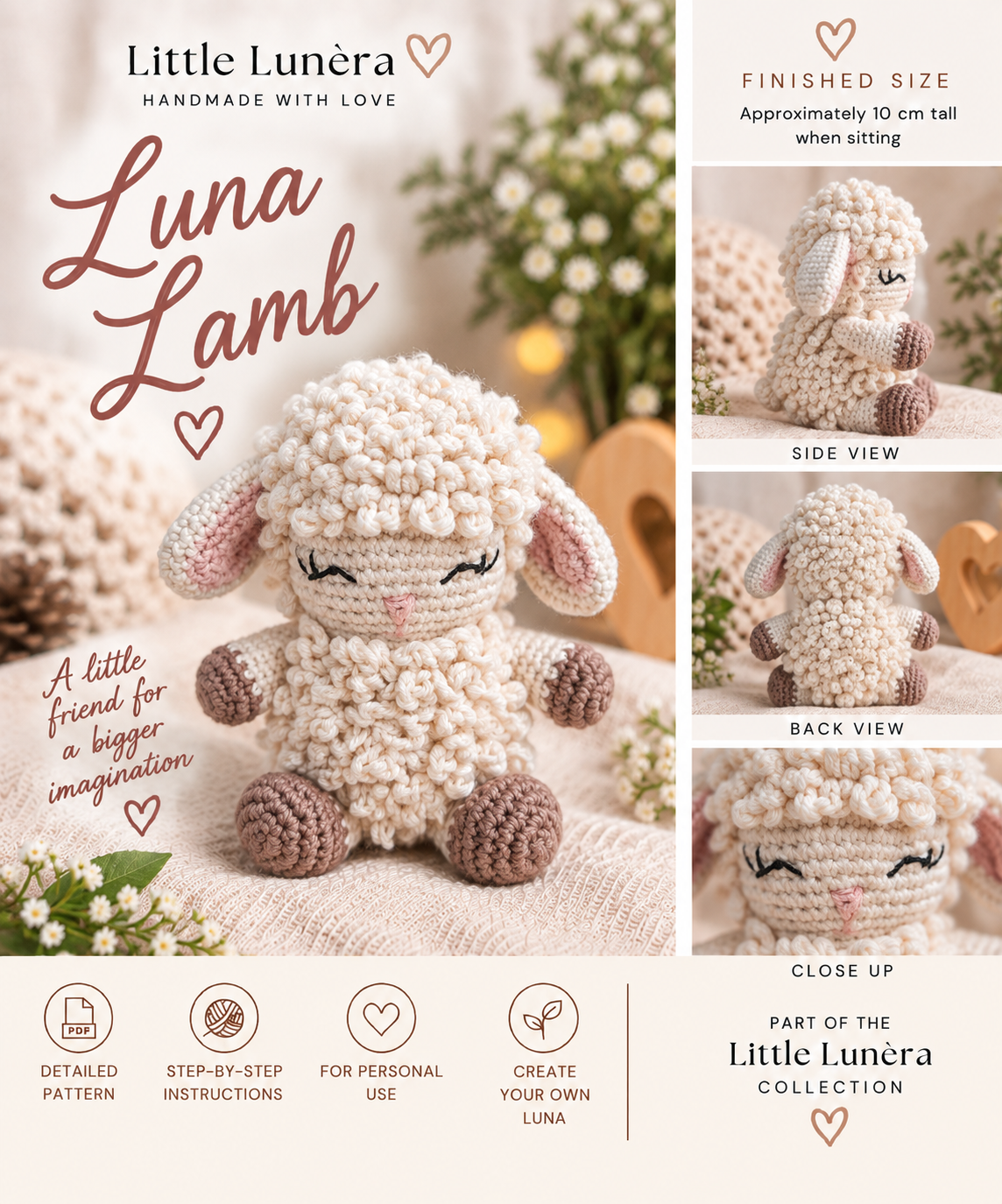 Promotional graphic for a crocheted amigurumi lamb toy titled 'Luna Lamb' by Little Lunéra. The main panel shows the finished plush lamb centered on a soft fabric background, with smaller side, back, and close-up views on the right.