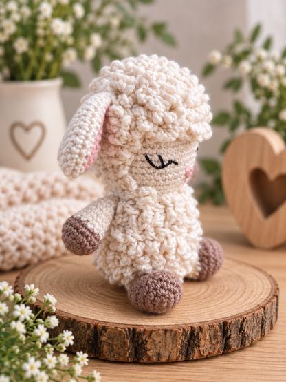 A crocheted plush lamb toy with cream-colored textured wool, pink inner ears, and brown hooves sits on a round wooden slice. The background features a soft-focus arrangement of white flowers in a ceramic pot and a wooden heart-shaped decor piece.