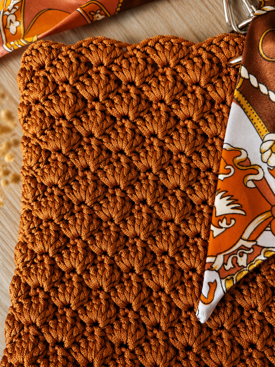 Close-up of the handcrafted crochet texture on the MK Lunèra Crochella Amber Luxe Handbag