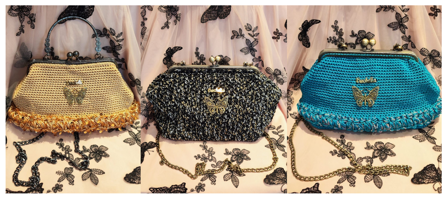 The full Royal Bloom Collection: three elegant crochet handbags in gold, black, and teal, each adorned with a gold butterfly emblem and vintage clasp.