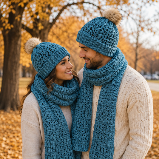  Sky Blue handmade crochet beanie and scarf set styled on a mannequin, with faux-fur pom-pom and cozy winter backdrop.
