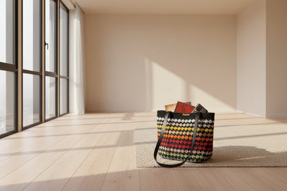  Sunset Stripes Crochet Tote displayed on a pedestal with Crochella branding, featuring warm gradient rows in yellow, orange, and red.