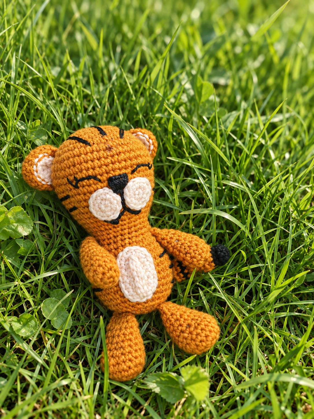 A small crocheted tiger toy lying on green grass outdoors. The toy is orange with cream-colored ears, eyes, and belly patch, black stitched facial features and stripes, and one black paw.