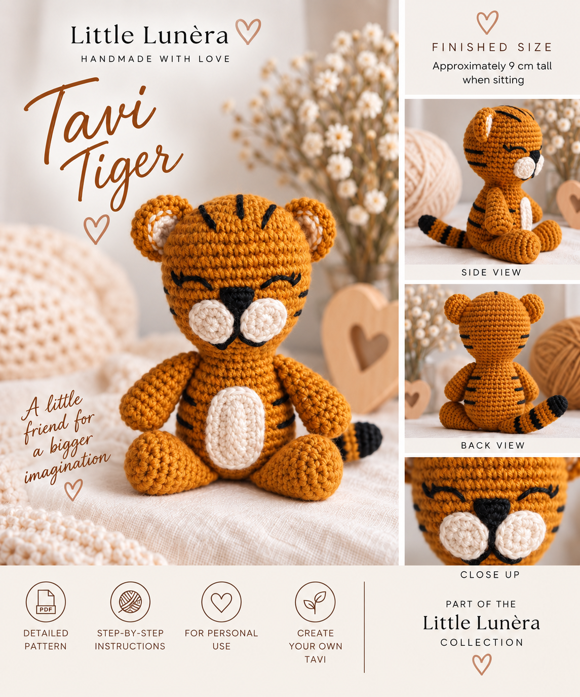 Promotional graphic for a crocheted amigurumi tiger doll named Tavi Tiger from Little Lunéra. The main panel shows the finished orange-and-black crocheted tiger sitting on a soft cream fabric, with smaller side, back, and close-up views on the right.