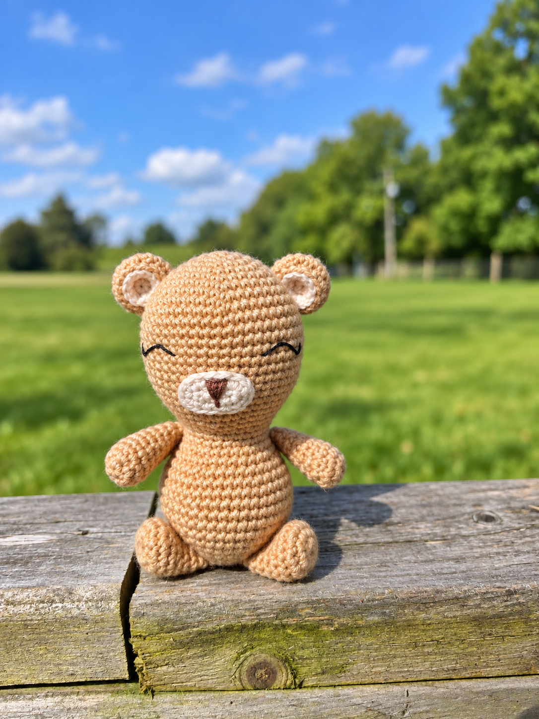 A small crocheted teddy bear toy sits on a weathered wooden surface outdoors, with a blurred green field and blue sky in the background.