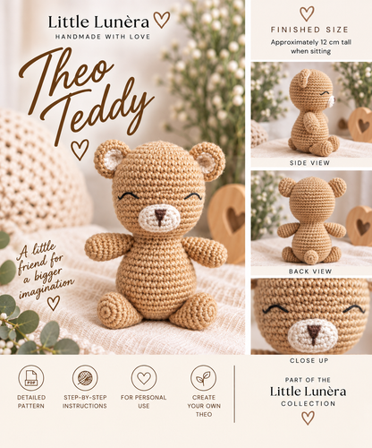 Promotional collage for a crocheted amigurumi bear toy named Theo Teddy by Little Lunéra. The main panel shows the front view of the beige crocheted bear on a soft cream fabric.